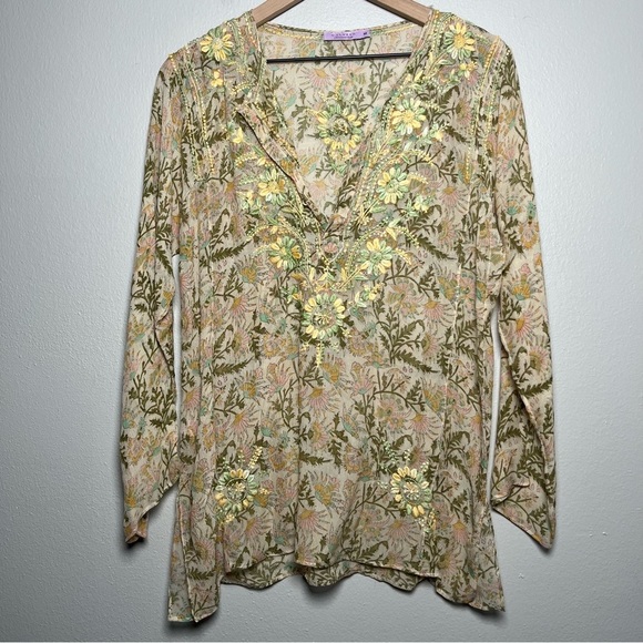 Calypso Women 100% Silk Top Medium Floral Embroidered Sheer Tunic Luxury Popover - Picture 1 of 13